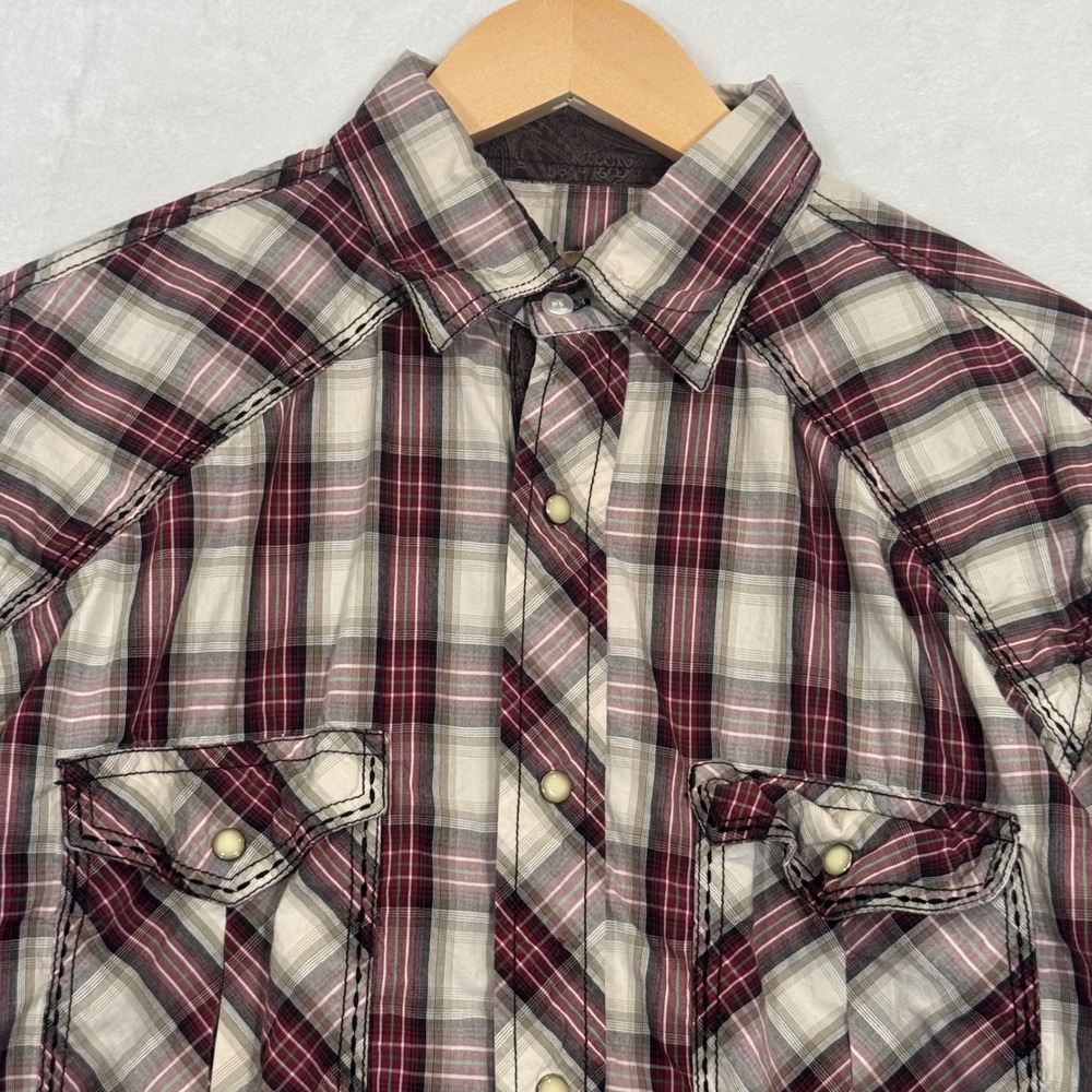 Cowboy Legend Maroon Plaid Western Snap Long Sleeve Shirt Large - Picture 2 of 8